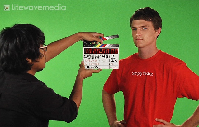 The crew filming a series of training videos for Microsoft in the green screen studio.